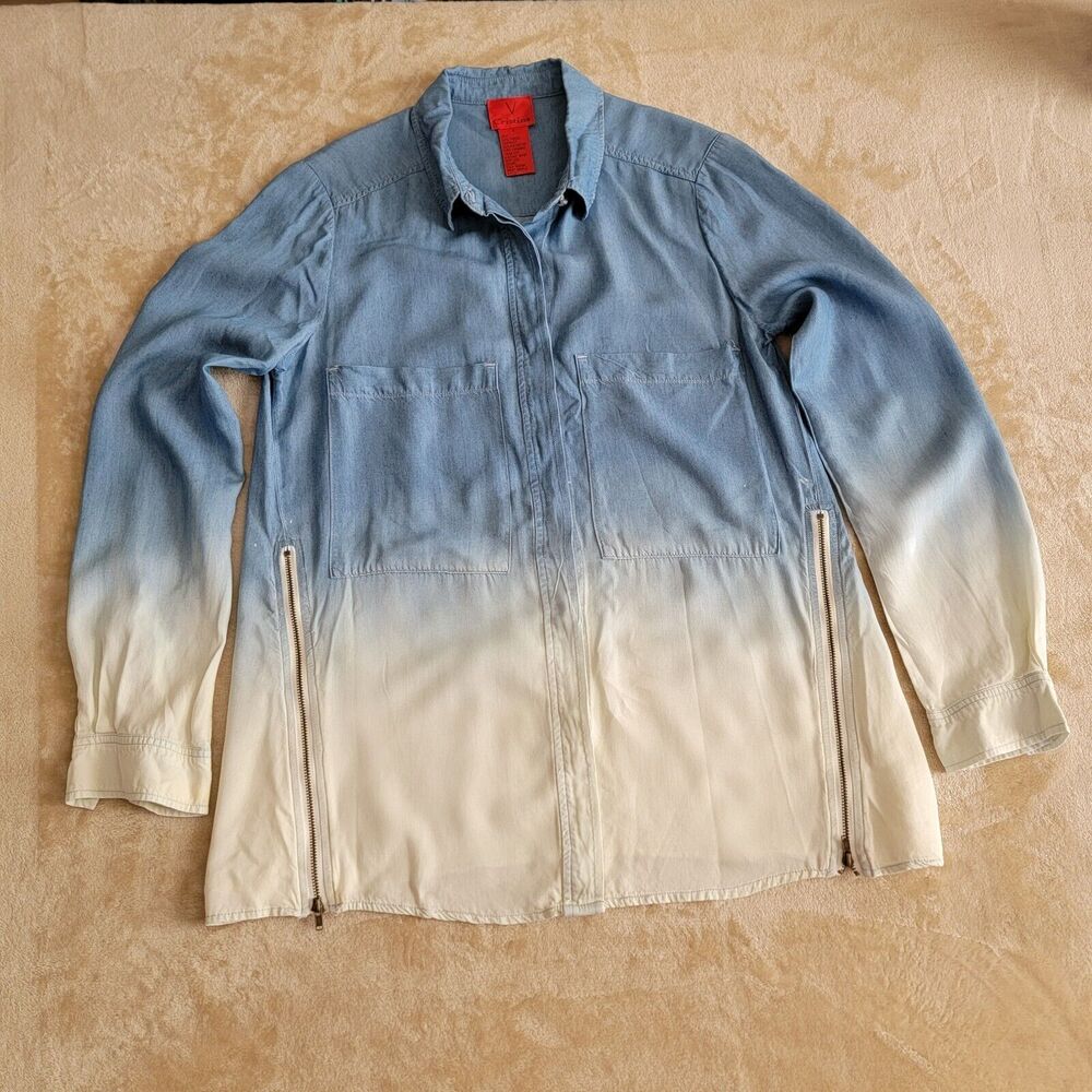 V Cristina Button Down Blouse Blue to White Ombre Long Sleeves Size Small